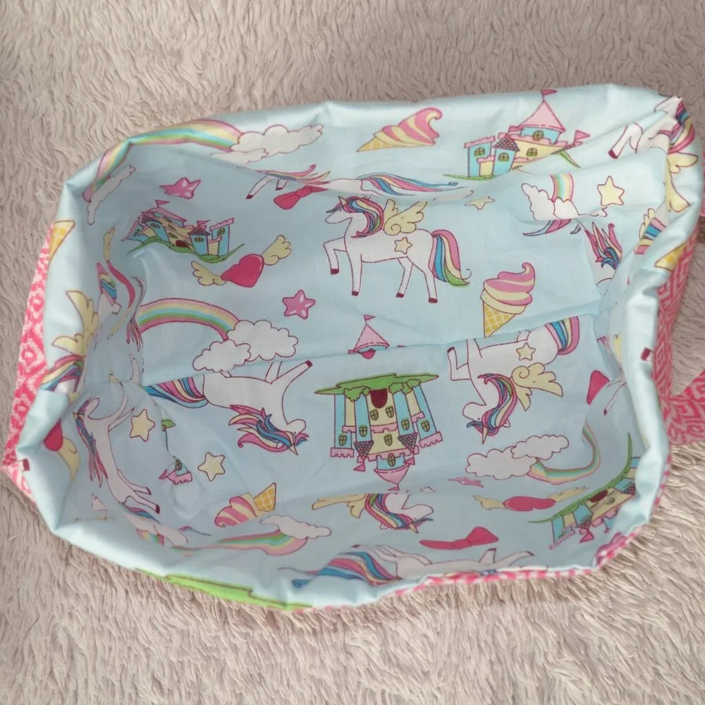 Girls Handmade Pink Rainbow Unicorn Storage Bin Basket Bag with Handles
